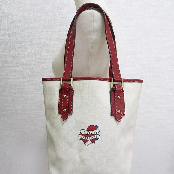 Auth GUCCI White GG PVC Canvas and Red Leather Mini Tote Bag Purse #56796